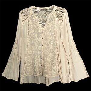 Miss Me Crochet Lace Boho Top Womens M Flared Sleeve Aztec Hippie Festival Beige